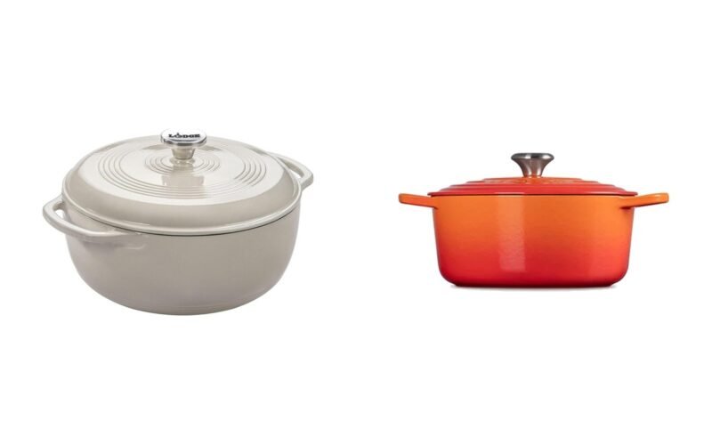 Lodge and Le Creuset enameled cast iron Dutch ovens side by side